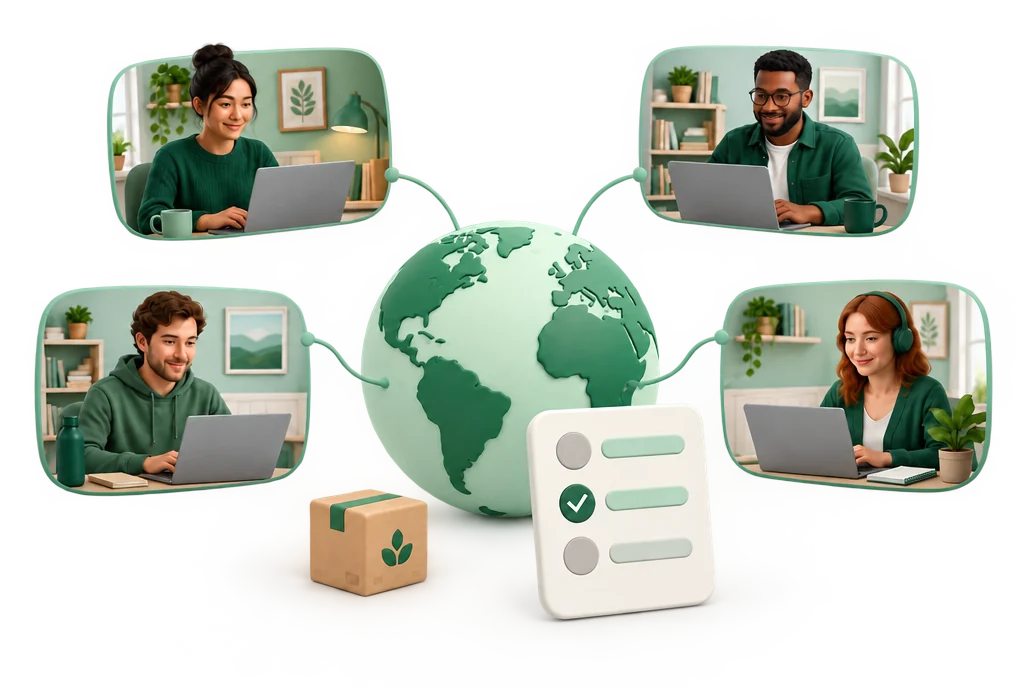 Conceptual illustration: four people working remotely around a globe, with a ballot and a parcel.
