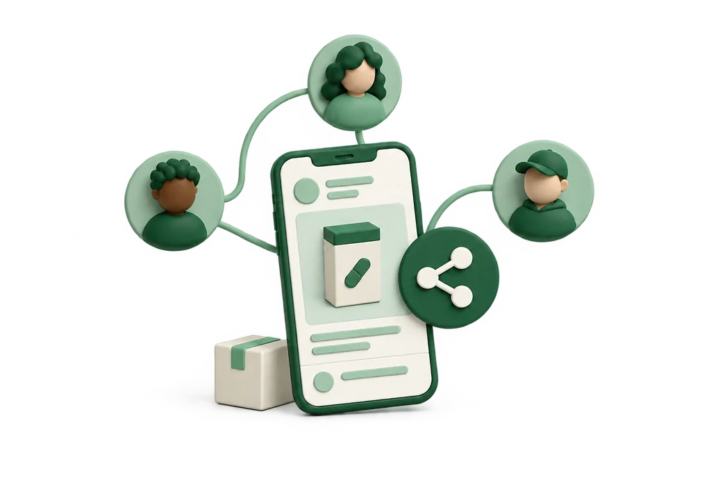 Conceptual illustration: a phone showing a product post, a share symbol and owners passing it on.