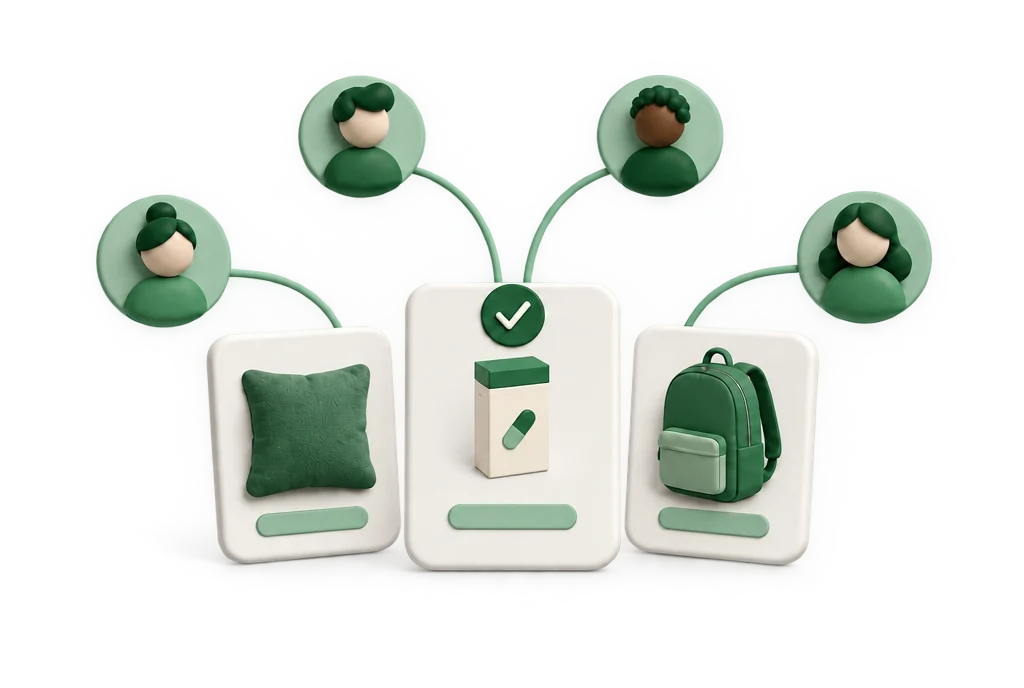 Conceptual illustration: owners voting between product options — a cushion, a supplement box and a backpack.
